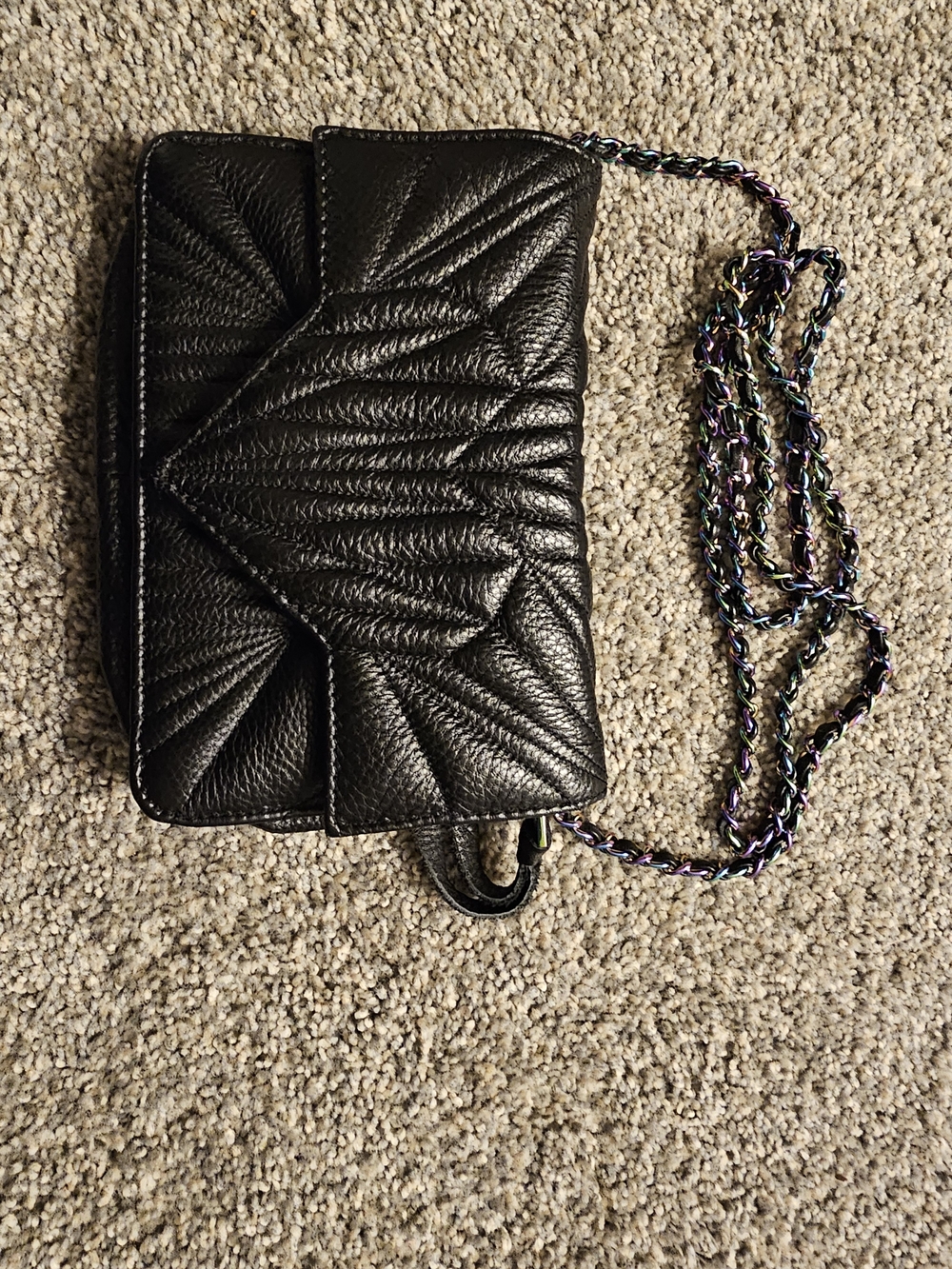 Black Quilted Leather Crossbody Bag with Iridescent Chain